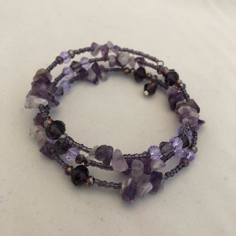 Purple Amethyst & Beaded Memory Wire Bracelet